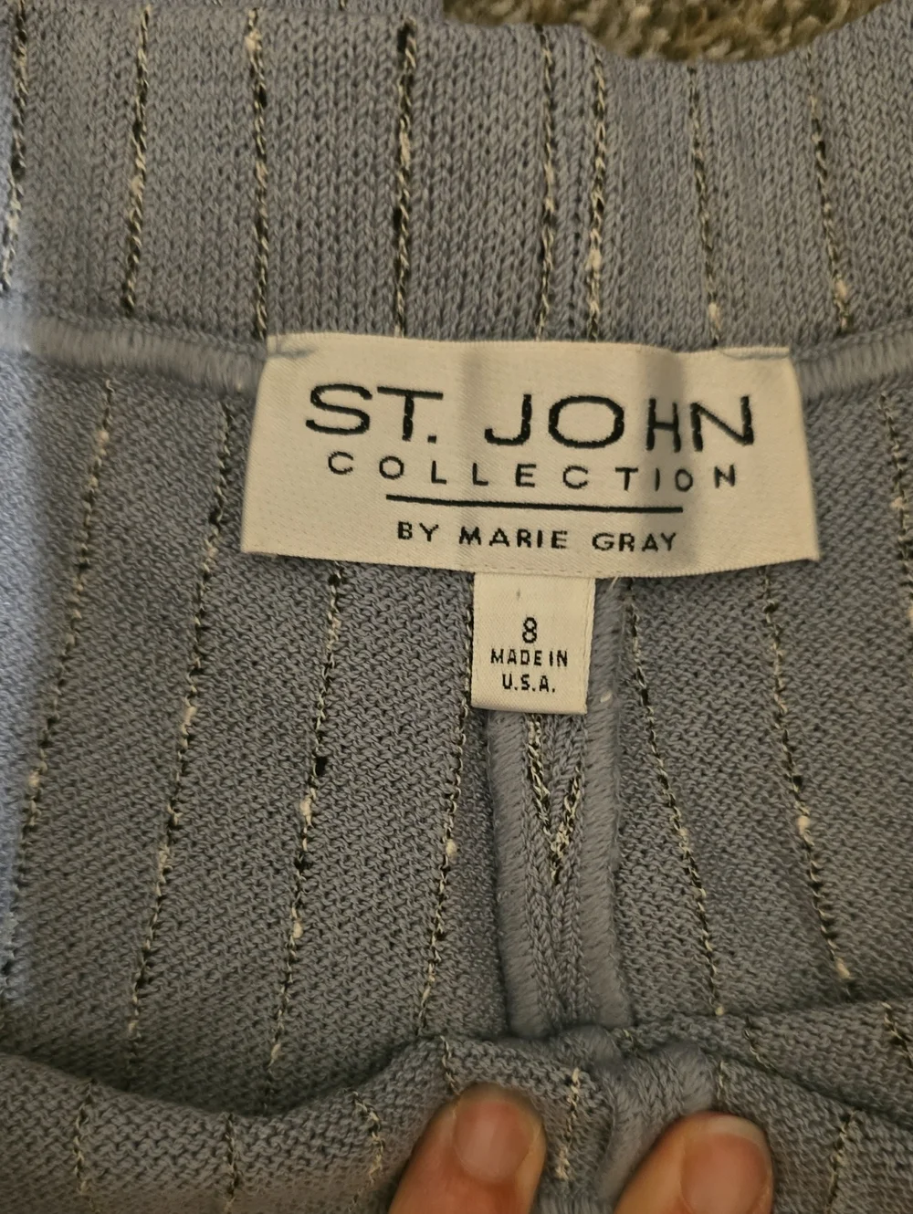 St. John Powder Blue Knit Blazer with Subtle Pinstripes set